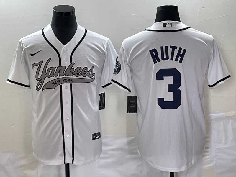 Mens New York Yankees #3 Babe Ruth White With Patch Cool Base Stitched Jerseys